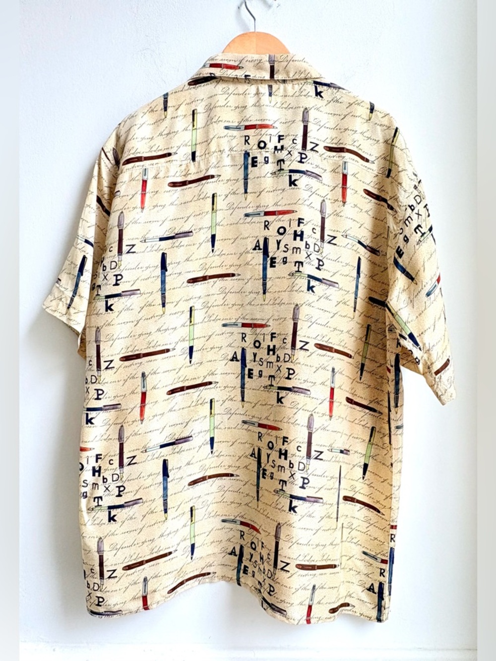 VTG Burma Bibas 100% Silk Novelty Print Colorful PENS Unique Men’s Shirt SIZE L - Picture 3 of 6